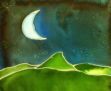 batik on silk, crescent moon over green mountains